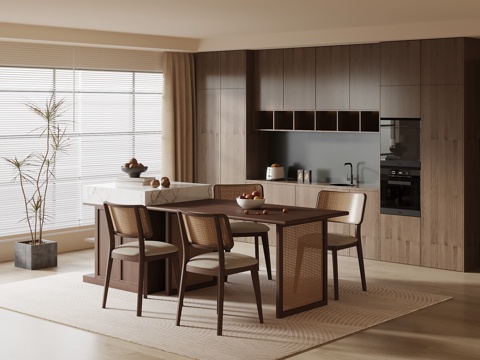 中古风餐厅 餐桌椅 餐边柜su模型