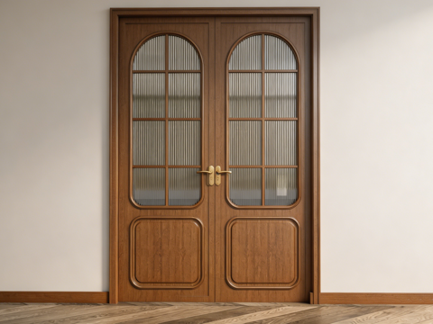 法式轻奢双开木门套装 浅棕深棕雕花 木门款式库 双开门套装su模型