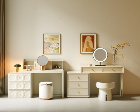 现代梳妆台 奶油风梳妆台 妆凳 化妆品组合 单椅 装饰画 化su模型