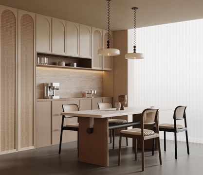 中古风餐厅酒柜 侘寂风酒柜 餐边柜 餐桌椅su模型