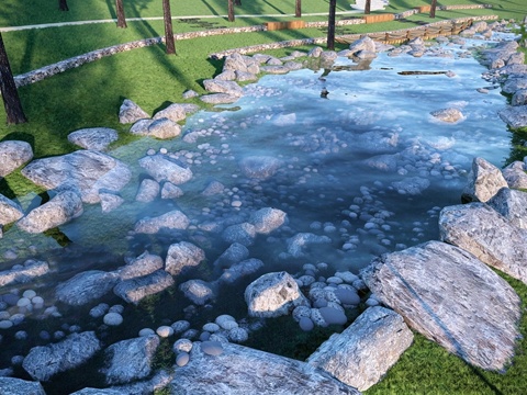 现代水景 自然溪流 小溪 自然驳岸 公园水景su模型