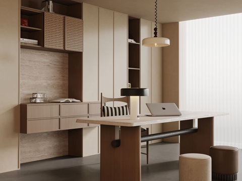 中古风书房 侘寂风书房 书桌椅 书柜su模型