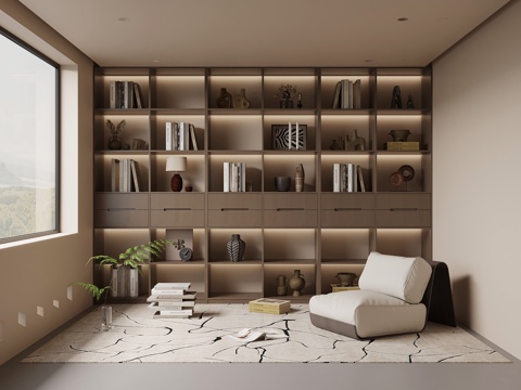 现代意式书房 书柜 休闲椅su模型