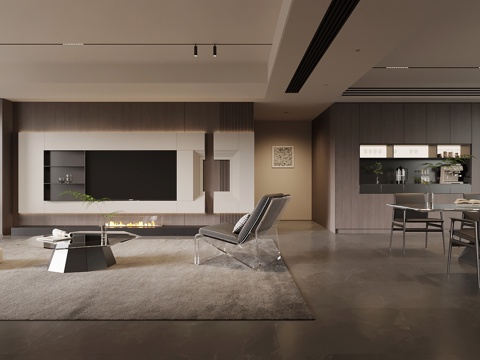 现代意式客餐厅 沙发茶几组合 电视背景墙 餐桌椅su模型