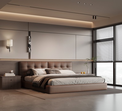 现代意式卧室 双人床 床头柜 背景墙su模型