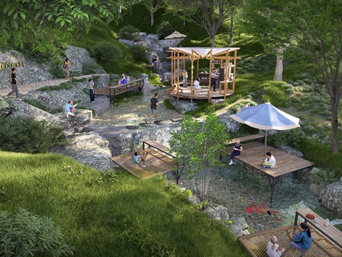 现代滨水景观 溪谷咖啡景观 溯溪营地 山谷溪流 瀑布咖啡su模型