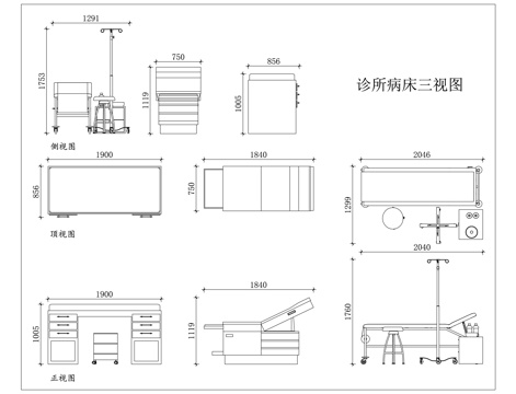 诊察病床 门诊病床 诊疗床 诊室病床 医用诊床cad施工图