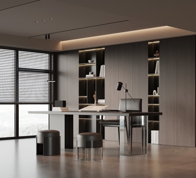 现代意式书房 书桌椅 书柜 置物柜su模型