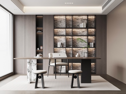 现代意式书房 书桌椅 书柜su模型