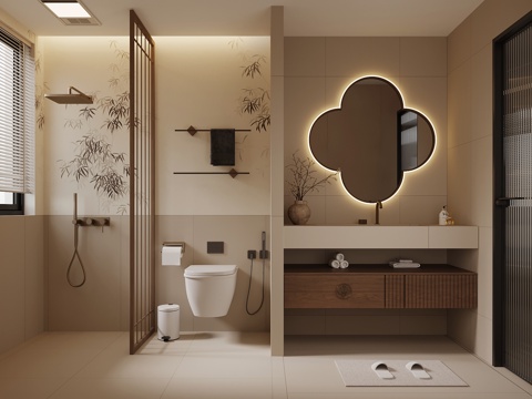 新中式卫生间 浴室柜 淋雨 马桶 卫浴小件su模型