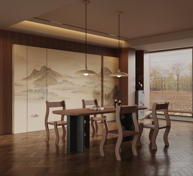 现代中古风餐厅 餐桌椅 背景墙su模型