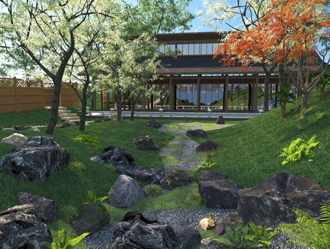 现代旱溪景观 石头景观 户外庭院景观su模型