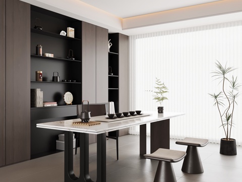 现代意式茶室 茶桌椅 茶柜su模型