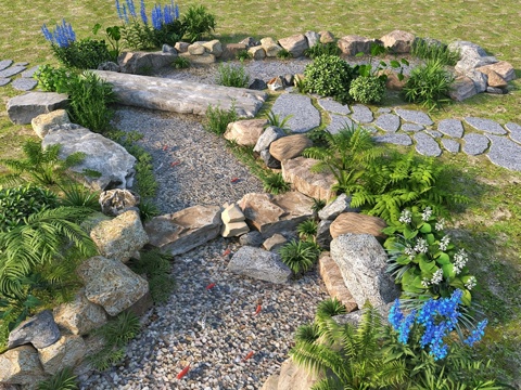 现代新中式溪流 现代溪流自然跌水 自然生态鱼池 自然流水su模型