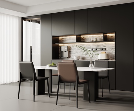 现代意式餐厅 餐桌椅 餐边柜 酒柜su模型