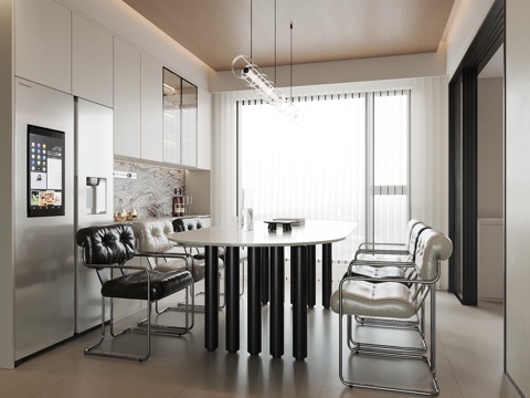 现代极简餐厅 餐桌椅 餐边柜 酒柜su模型