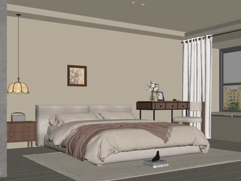 现代中古风卧室 双人床 书桌椅 床头柜su模型