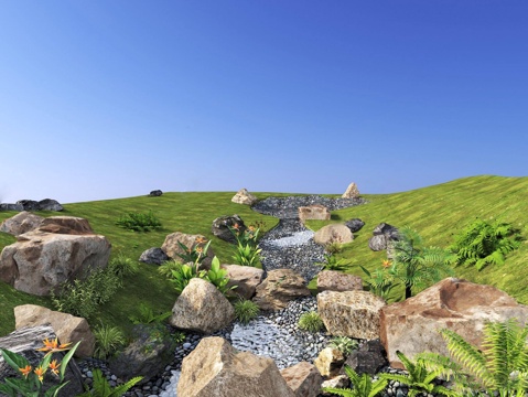现代滨水景观 雨水花园 小溪 现代溪流 石头花草su模型