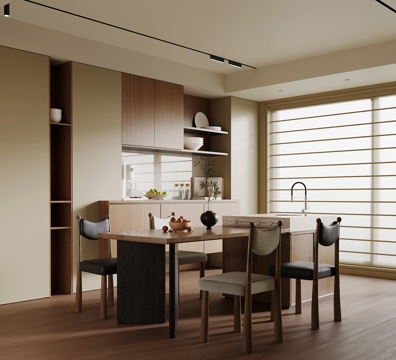 现代中古风餐厅 餐桌椅 岛台 餐边柜su模型