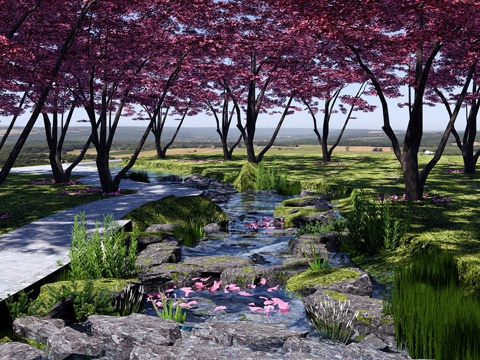 现代滨水公园景观 谷溪流 湿地滩涂 树木景观su模型