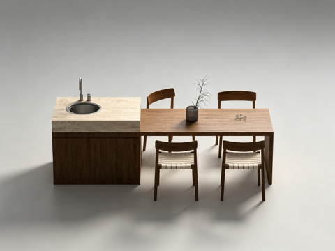 侘寂岛台餐桌su模型