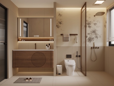 新中式卫生间 浴室柜 马桶 淋浴su模型