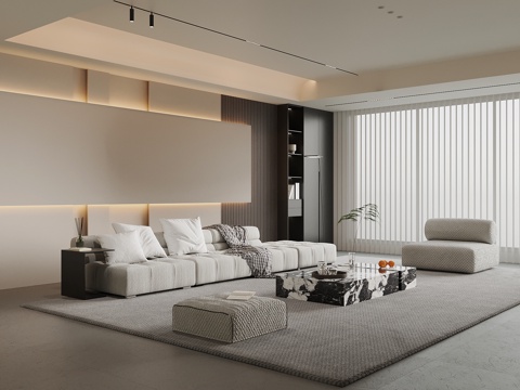 现代极简客厅 沙发茶几组合 背景墙su模型