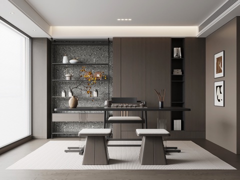 现代意式茶室 茶柜 茶桌椅su模型