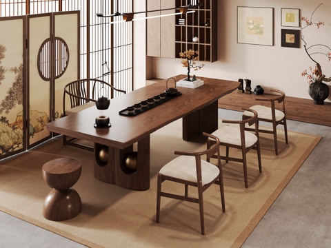 新中式茶室 茶桌椅su模型