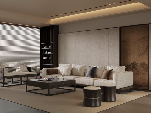 新中式客厅 沙发茶几组合 茶柜背景墙su模型
