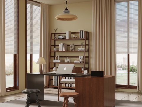 现代中古风书房 开放式书房 书桌椅 书架置物架su模型