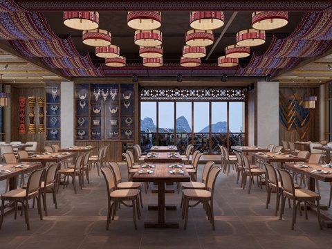 复古中古中餐厅 中餐厅明档 民族餐厅 酒店餐厅包厢 餐桌椅组su模型