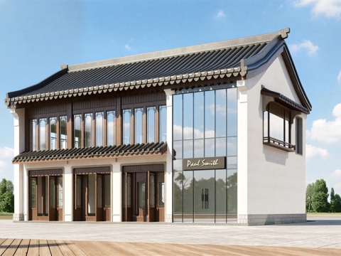 中式酒店 民宿 商业街 水街 民宿建筑su模型