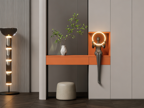 现代简约艺术感室内端景场景 发光圆环雕塑 橙色搁板 条纹柱su模型