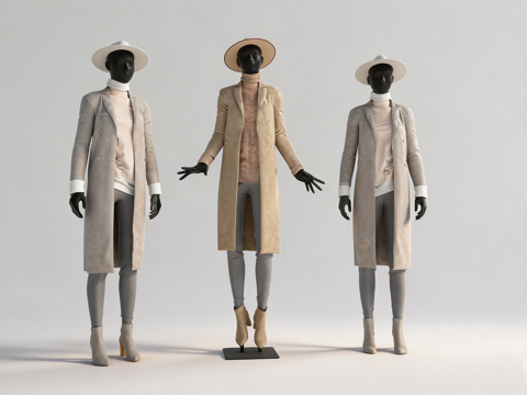 现代简约时尚人体模特服装 长款大衣 帽子靴子 多姿势 服装羊su模型