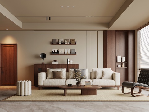 现代中古风客厅 沙发茶几组合 背景墙su模型