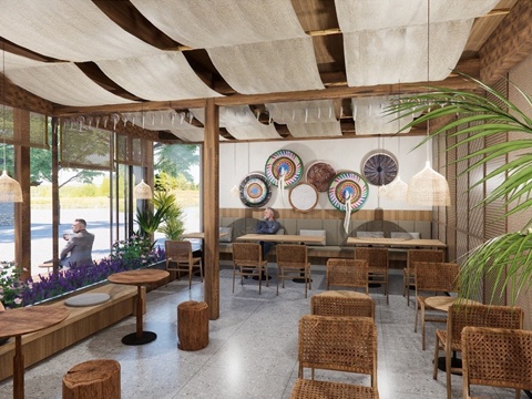 新中式餐厅 餐桌椅组合 中餐厅su模型