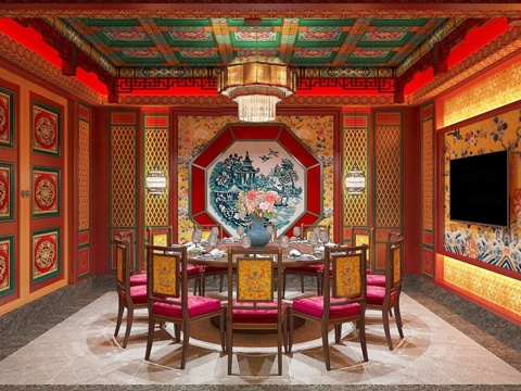 中式中餐厅 中式宴会厅 餐桌椅组合su模型