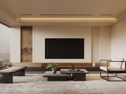 新中式客厅 电视背景墙 沙发茶几组合su模型