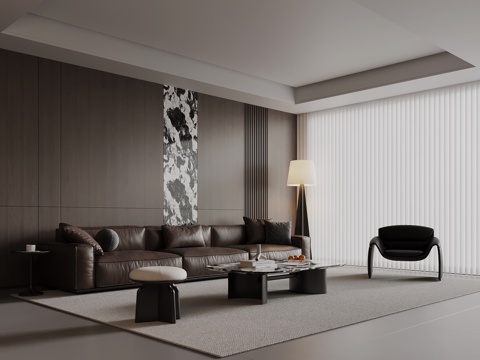 现代意式客厅 沙发茶几组合 背景墙 落地灯su模型