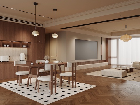 现代中古风客餐厅 沙发茶几组合 电视背景墙 餐边柜 餐桌椅su模型