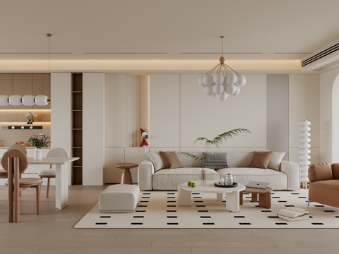 奶油风客餐厅 沙发茶几 餐桌椅 餐边柜 吊灯 地毯su模型