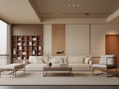 新中式客厅 沙发茶几组合 置物柜背景墙su模型