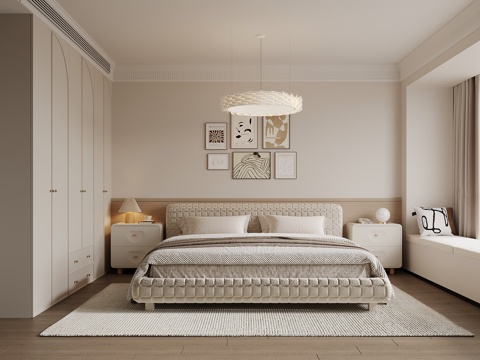 现代奶油风家居卧室 双人床 衣柜 床头柜su模型