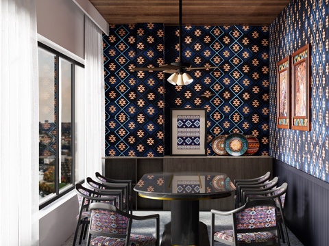 新中式餐厅包厢 民族风餐厅包间 餐桌椅组合su模型