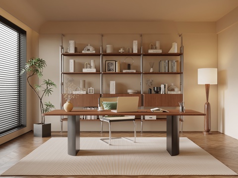 中古风书房 书桌椅 书架su模型