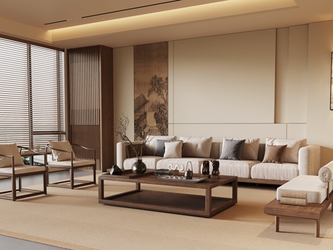 新中式客厅 宋氏风客厅 沙发茶几组合su模型