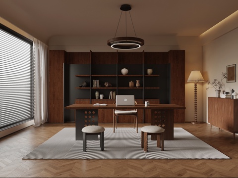 中古风书房 书桌椅 书柜 边柜 吊灯su模型