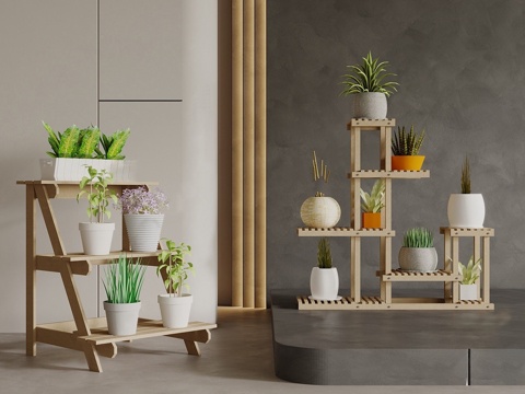 原木花架 置物架 花架  花卉盆栽su模型