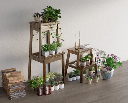原木简约花架 花架 植物架 盆栽架 盆栽su模型